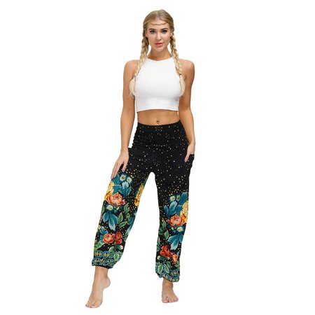 

Floral Loosen Pants, Black-green, Pants