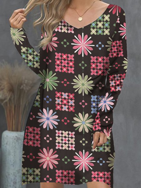 

Floral V Neck Boho Dresses, Black, Mini Dresses