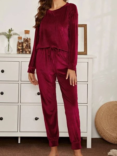 

Crew Neck Casual Regular Fit Suits, Wine red, Two-piece Outfits