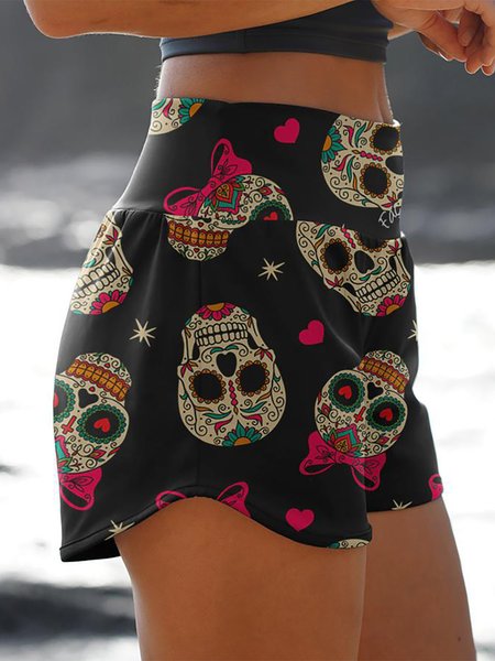 

Skull Printed Elastic Waist Short Shorts Bottoms, Black, Shorts