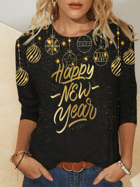 

Contento Nuovo Anno Casuale Maniche Lunghe Top, Nero, Blouses & Shirts