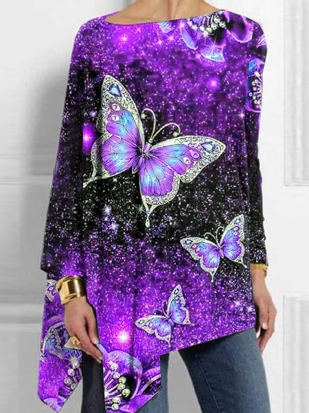 

Designer butterfly irregular skirt printed t-shirts, Multicolor, Tops