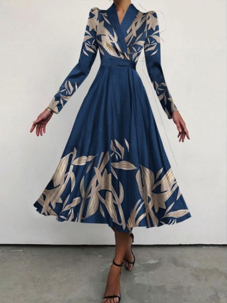 

Elegant Slim Fit Lapel Long Sleeve Printed Dress, Blue, Midi Dresses