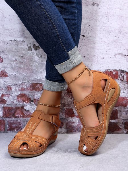 Casual Embroidered Wedge Sandals, Brown, Sandals