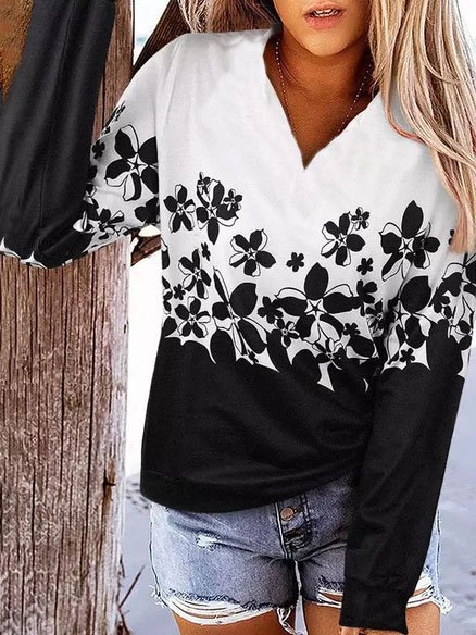 

Loosen Cotton Blends Floral Color Block Shirts & Tops, Black-white, Tops