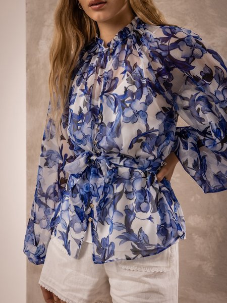 

Floral Elegant Regular fit Long Sleeve Top, Blue, Tops