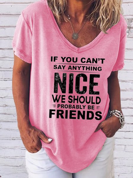 

Funny text printed V-neck short-sleeved T-shirt, Pink, T-shirts