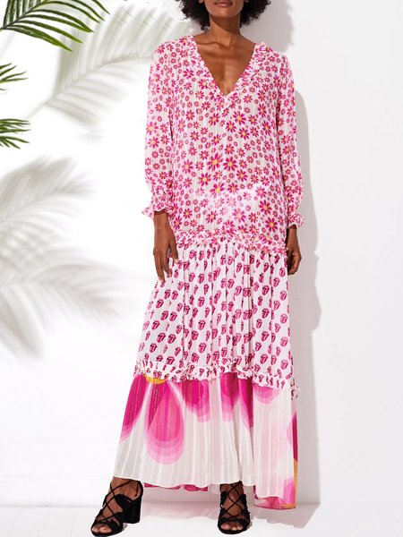 

Shore resort pink floral V-neck long-sleeved A-line S-block stitching dress, Floral Dresses