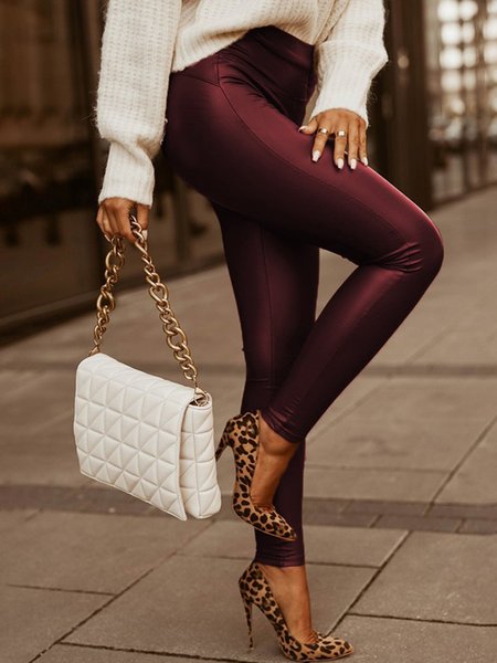 Solid Slim Fit Leather Skinny Pants, Wine red, Skinny Leg Pants