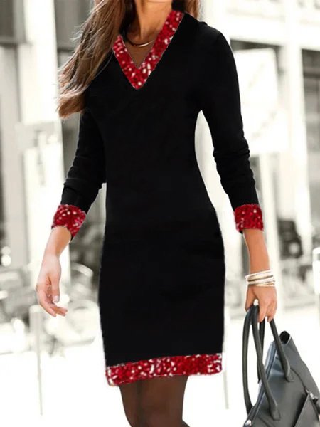 

paillettes Scollo a V Maniche Lunghe Gonna Casuale, Nero, Midi Dresses