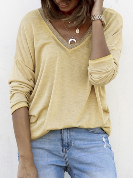 

V neck Plain Loosen Casual Shirts & Tops, Yellow, Tees & T-shirts