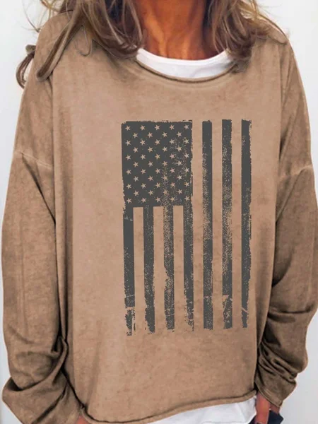 

America Patriotic Flag Long Sleeve Crew Neck Cotton Blends Sweatshirt, Light brown, Hoodies&Sweatshirts