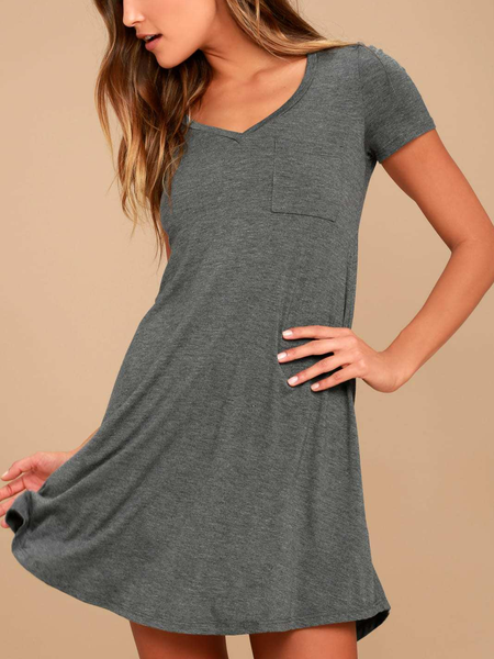 

Casual V Neck Cotton Blends Dresses, Deep gray, Casual Dresses