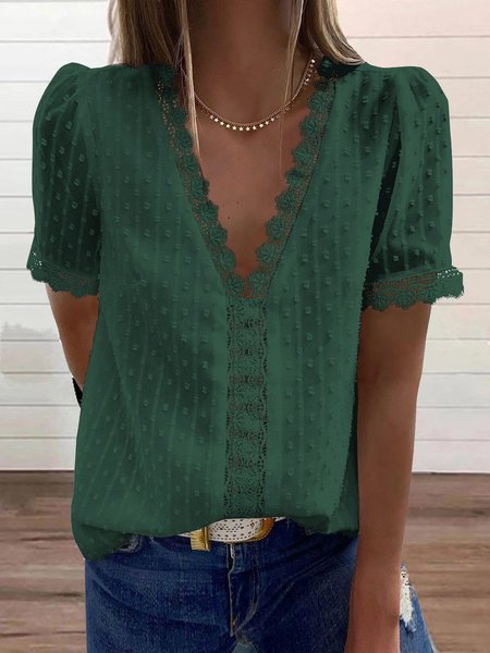 

V Neck Casual Plain Loosen Shirts & Tops, Green, Tops