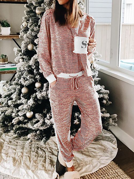 

Plus size Casual Striped Suits, Red, Two-piece Outfits