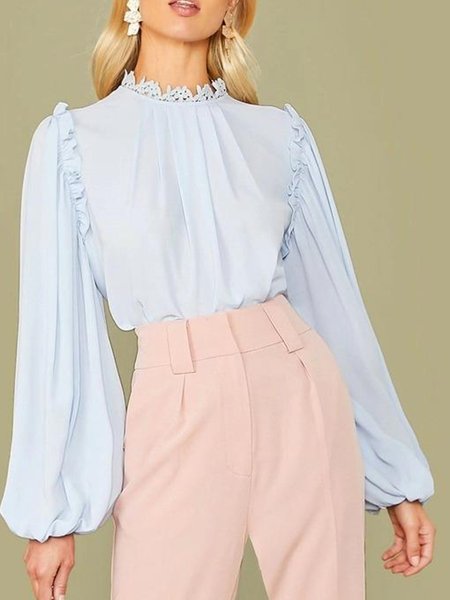 

Elegant Solid Crew Neck Long Sleeve Top, Blue, Tops