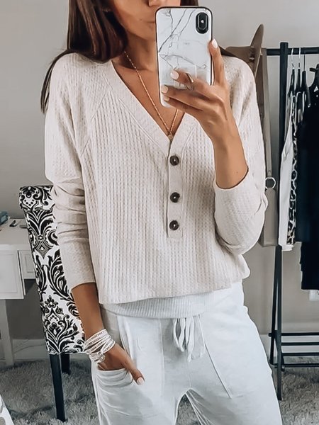 

Casual V Neck Buttoned Long Sleeve Loosen Shirts & Tops, White, Tops