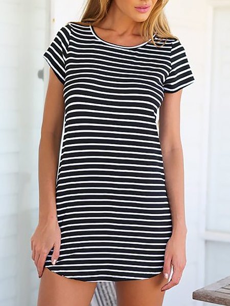 

Crew Neck Casual Striped Knitted Mini T-shirt Knitting Dress, Black, Mini Dresses