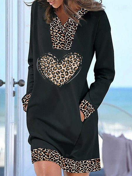

Heart Leopard Print Long Sleeve V Neck Mini Dresses, Black, Casual Dresses