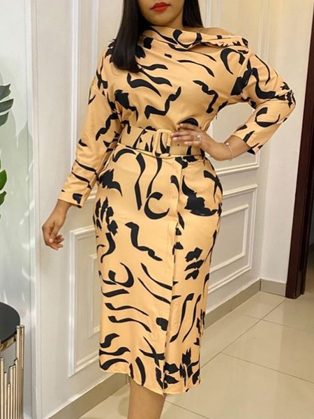 

Asymmetrical Neck Lady Dresses With Belt, As picture, Midi Dresses