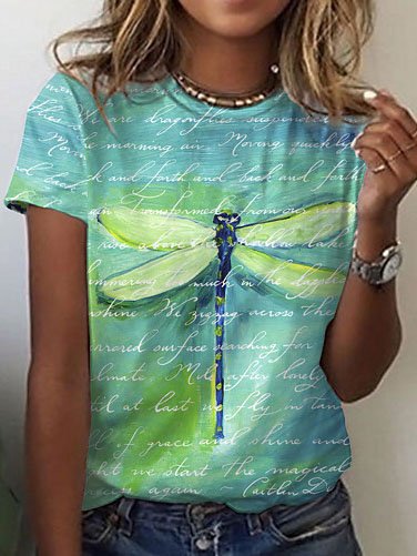 

Dragonfly Printed Casual Short Sleeve Crew Neck Shirts & Tops, Green, Tees & T-shirts