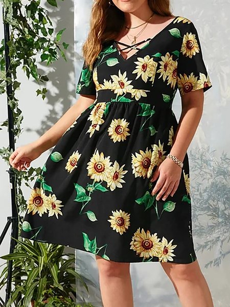 

V Neck Floral Printed Short Sleeves Cross Short Weaving Dress, As picture, Mini Dresses