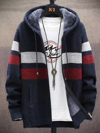 

Striped Fit And Fleece Hooded Wool Jacket, Navyblue, Outerwear