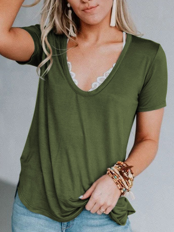 

Casual U-Neck Solid Shirts & Tops, Army green, T-Shirts