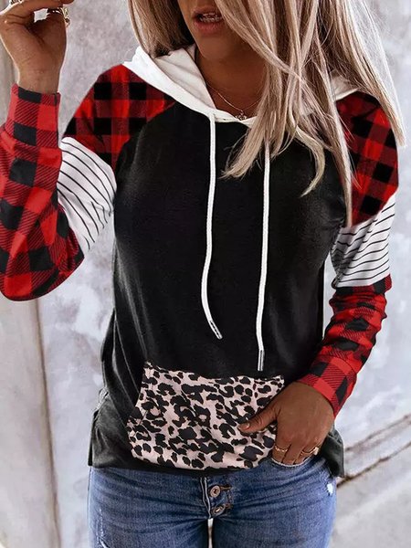

Checked/Plaid Hooded Casual Sweatshirt, Black-red, Hoodies & Sweatshirts