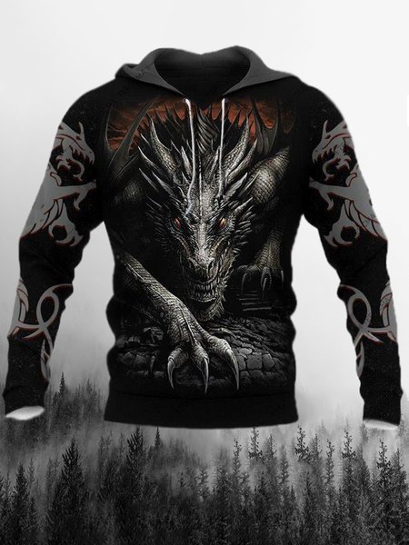 

Men's Viking Mythology Elements Graphic Print Hooded Long Sleeve Sweatshirt, Black, Hoodies