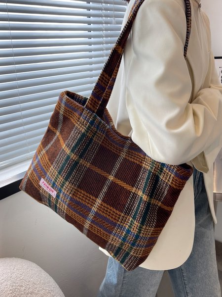 

Vintage Check Shoulder Shopper Bag, As picture, Bags