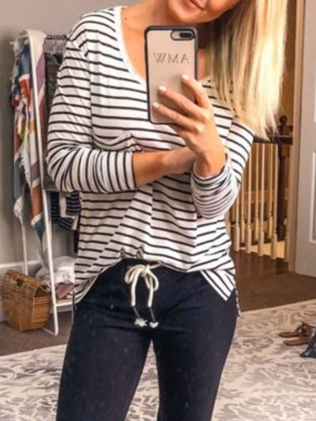 Long sleeve Round Neck Striped Shirts & Tops, Stripe, Tops