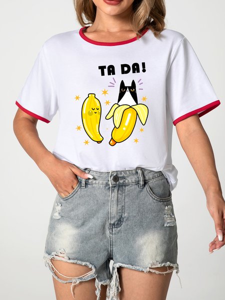 

MUMU Banana Ta Da Funny Cat Ringer Tee, Red, T-shirts