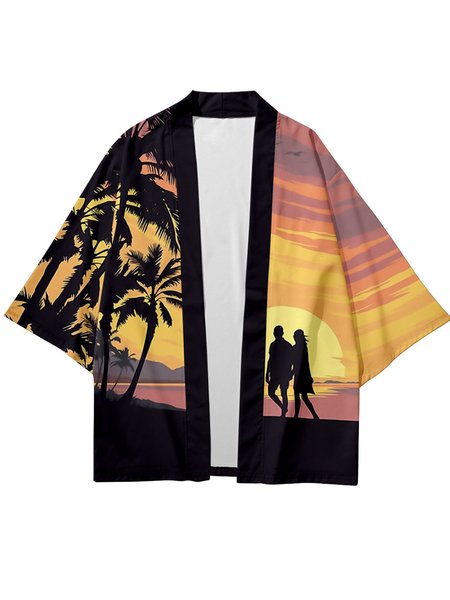 

Mens Hawaiian Coconut Tree Print Casual Loose Japanese Cardigan Kimono, Black, Men's Floral shirt