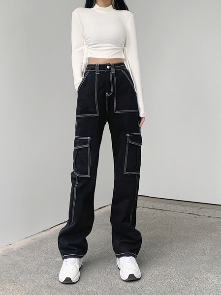

Casual Simple Vacation Loosen Denim Pants, Black, Pants