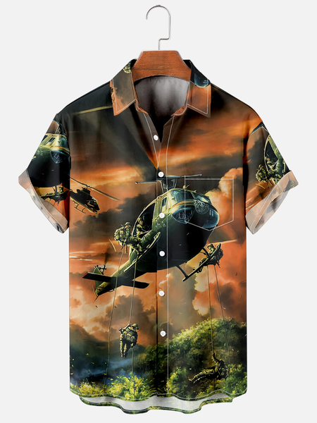 

Mens Veterans Helicopter Printed Casual Breathable Short Sleeve Shirts, Orange, Men's Floral shirt