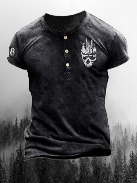 

Men's Skull Graphic Elements Round Neck Half Cardigan Short Sleeve Tee, Black, T-shirt