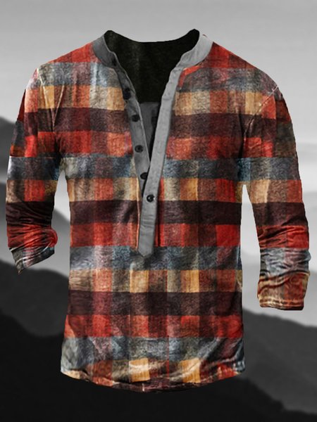 

Men's Plaid Half Cardigan Long Sleeve T-Shirt, Color1, T-shirt