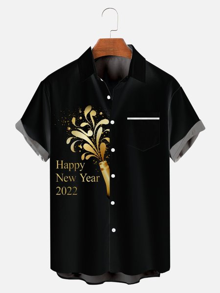 

Mens Happy New Year Print Casual Breathable Short Sleeve Hawaiian Shirts, Black, Men's Floral shirt