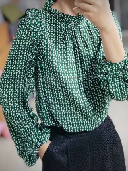 

Green Polka Dot Pattern Long Sleeve Stand Collar Straight Top, Tops