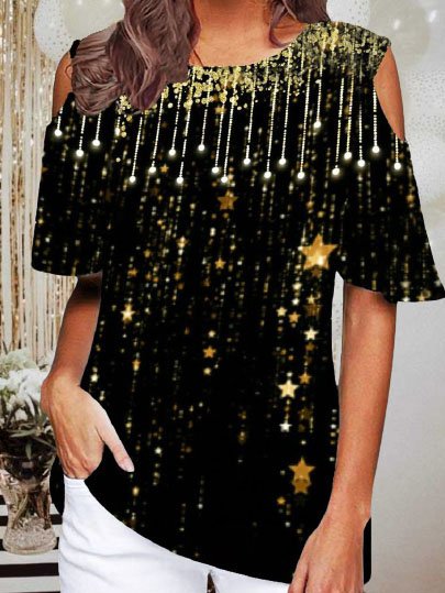 

Off The Shoulder Ombre Printed Short Sleeve Shirts & Tops, Black, Tops