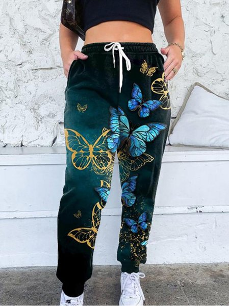 

Butterfly Printed Drawcord Pocket Elastic Waist Casual Long Sweatpants, Multicolor, Pants