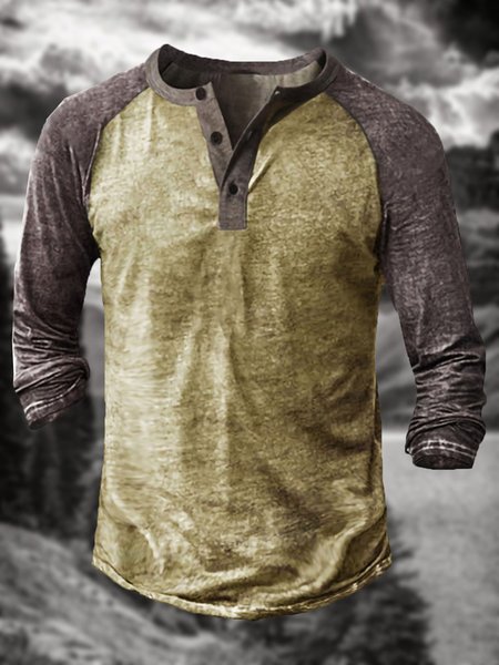 

Men's Raglan Half Cardigan Long Sleeve Tee, Khaki, T-shirt