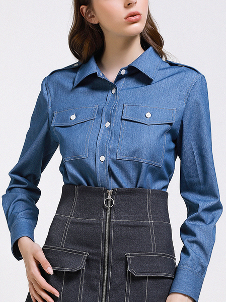 

Vacation V Neck Solid Shirts & Tops, Denim blue, Shirts & Blouses