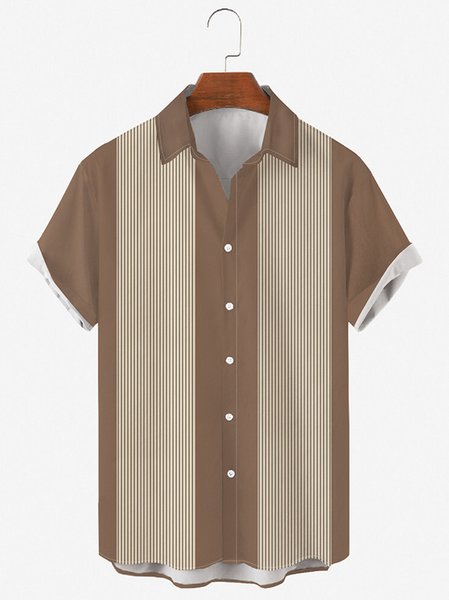 

Mens Striped Print Round Hem Loose Short Sleeve Shirts, Khaki, Men's Floral shirt