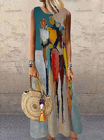

Vacation Abstract Printed Sleeveless A-line Long Dresses, Multicolor, Maxi Dresses