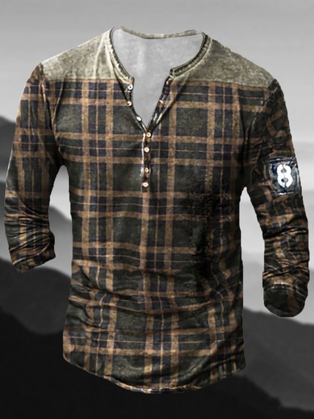 

Men's Plaid Half Cardigan Long Sleeve T-Shirt, Grey, T-shirt