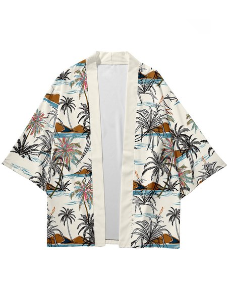 

Mens Hawaiian Coconut Tree Print Casual Loose Japanese Cardigan Kimono, Off white, Men's Floral shirt