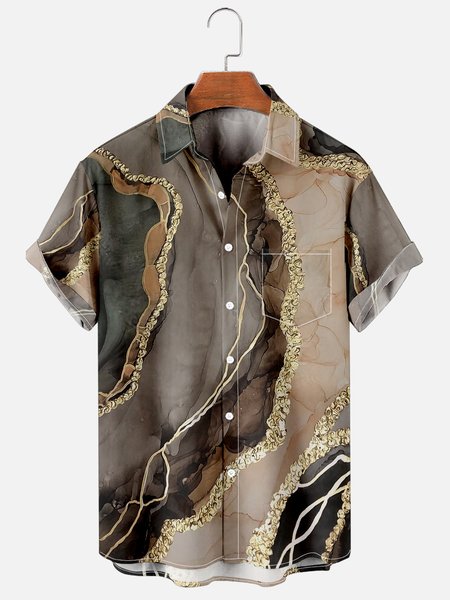 

Mens Nature Marble Effect Print Casual Breathable Chest Pocket Short Sleeve Hawaiian Shirts, Brown, Men's Floral shirt