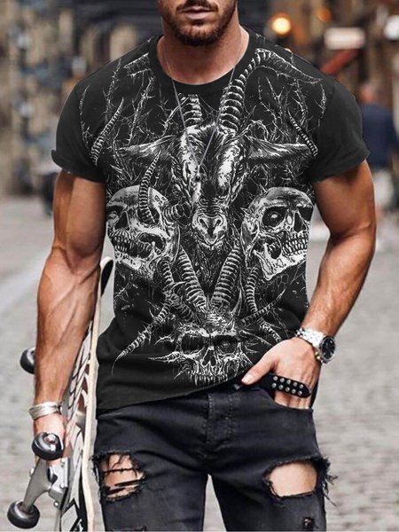 

3D Skull And Sheep Graphic Short Sleeve Casual Tee, T-shirt